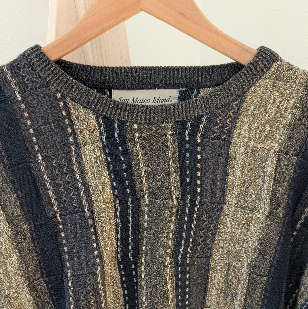 ✨SOLD✨Vintage Coogi Style Textured Earthy Neutral Crewneck Sweater In Navy - Picture 7 of 11